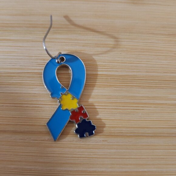 Autism Awareness Pierced Drop Earrings Ribbon Blue Yellow Red Navy 1.25" - Picture 5 of 5